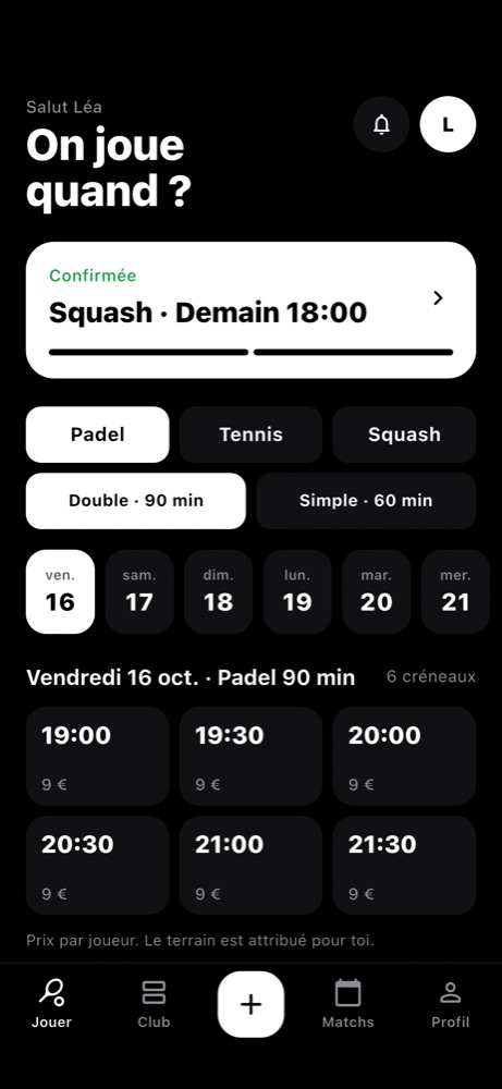 App du club : choisir un sport, un jour et un créneau